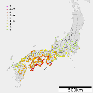 안세이 난카이 지진의 일본 지역별 추정 진도 분포 지도.[1][2]