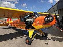 1944 Piper Cub J-3C-100 HB-OUE with rare Rolls-Royce 100hp engine. Flugplatz Fricktal Schupfart aerodrome LSZI, Switzerland. 1944 Piper Cub J-3C-100 HB-OUE with rare Rolls-Royce 100hp engine.jpg