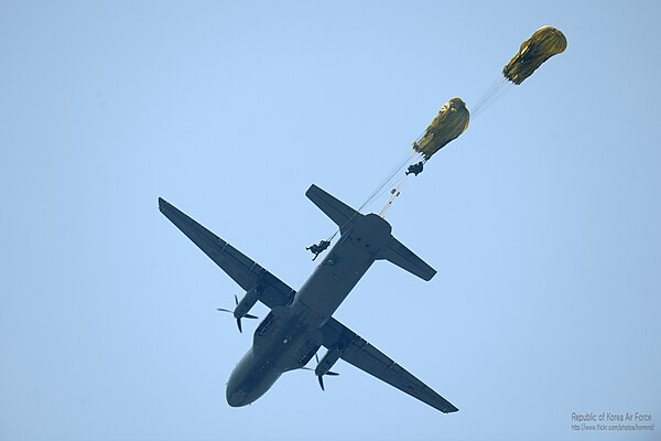 Paratroopers deploying from a CN-235 of the South Korean Air Force, April 2011