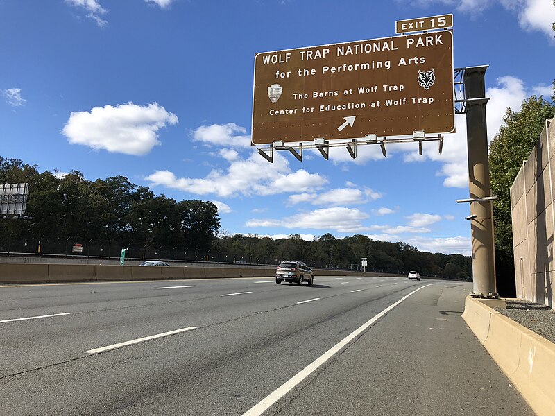 File:2018-10-24 12 54 47 View west along Virginia State Route 267 (Dulles Toll Road) at Exit 15 (Wolf Trap National Park for the Performing Arts, The Barns at Wolf Trap, Center for Education at Wolf Trap) in Wolf Trap, Fairfax County, Virginia.jpg