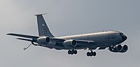 A KC-135R Stratotanker, tail number 62-3565, on final approach at Kadena Air Base in Okinawa, Japan in March 2020. It is assigned to the 909th Air Refueling Squadron at Kadena AB.