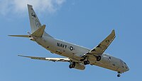 A Boeing P-8 Poseidon, tail number 168761, on final approach at Kadena Air Base in Okinawa, Japan. It is assigned to Patrol Squadron 45 (VP-45) at NAS Jacksonville, Florida, United States.