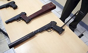 Soviet Stechkin APS and suppressed APB select-fire machine pistols, introduced into Soviet service in 1951 27th Independent Sevastopol Guards Motor Rifle Brigade (181-4).jpg