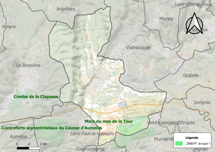 Carte des ZNIEFF de type 1 sur la commune.