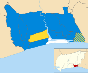 Map of the results of the 2010 Adur council election. Conservatives in blue, Liberal Democrats in yellow and Residents in white. Adur UK local election 2010 map.svg