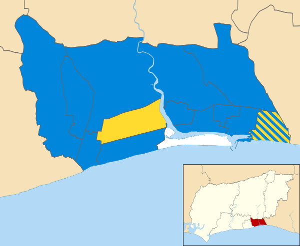 Map of the results of the 2010 Adur council election. Conservatives in blue, Liberal Democrats in yellow and Residents in white.