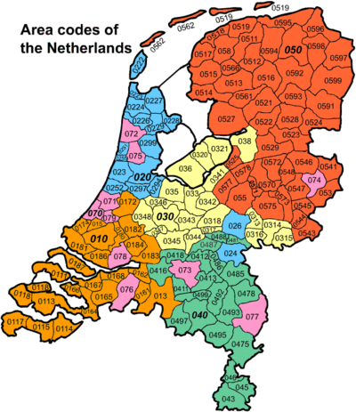 Orange: Codes starting with 01
Blue: Codes starting with 02
Yellow: Codes starting with 03
Green: Codes starting with 04
Red: Codes starting with 05
Purple: Codes starting with 07 Area codes of the Netherlands.gif