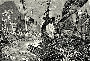Греческие корабли во время битвы при Саламине на Кипре. Гравюра 1882 года