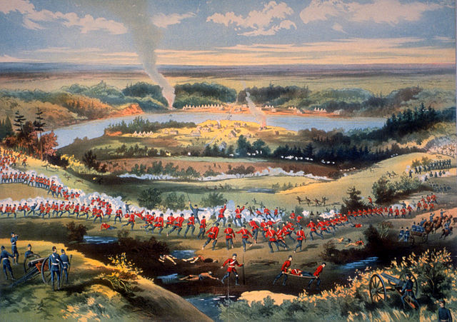 The 1885 Battle of Batoche was a battle during the North-West Rebellion. 1885 illustration by Sergeant Grundy