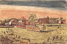 The Battle of Lexington, April 19th, 1775. Blue coated militiamen in the foreground flee from the volley of gunshots from the red coated British Army line in the background with dead and wounded militiamen on the ground. Battle of Lexington Detail.jpg