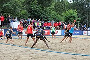 Deutsch: Beachhandball Europameisterschaften 2019 (Beach handball Euro); Tag 2: 3. Juli 2019 – Männer, Vorrunde Gruppe A, Türkei-Spanien 0:2 (16:23, 20:29) English: Beach handball Euro; Day 2: 3 July 2019 – Men Preliminary Round Group A – Turkey-Spain 0:2 (16:23, 20:29)