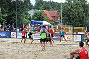 Deutsch: Beachhandball Europameisterschaften 2019 (Beach handball Euro); Tag 2: 3. Juli 2019 – Männer, Vorrunde Gruppe A, Türkei-Spanien 0:2 (16:23, 20:29) English: Beach handball Euro; Day 2: 3 July 2019 – Men Preliminary Round Group A – Turkey-Spain 0:2 (16:23, 20:29)