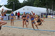 Deutsch: Beachhandball Europameisterschaften 2019 (Beach handball Euro); Tag 2: 3. Juli 2019 – Frauen, Vorrunde Gruppe D, Dänemark-Russland 2:0 (21:16, 18:12) English: Beach handball Euro; Day 2: 3 July 2019 – Women Preliminary Round Group D – Denmark-Russia 2:0 (21:16, 18:12)