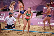 Deutsch: Beachhandball bei den Olympischen Jugendspielen 2018; Tag 6, 12. Oktober 2018; Mädchen, Hauptrundenspiel – Ungarn-Niederlande 2:1 English: Beach handball at the 2018 Summer Youth Olympics at 12 October 2018 – Girls Main Round – Hungary-Netherlands 2:1