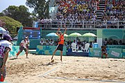 Deutsch: Beachvolleyball bei den Olympischen Jugendspielen 2018; Tag 11, 17. Oktober 2018; Jungen,Finale – Niederlande (Matthew Immers/Yorick de Groot)-Schweden (David Åhman/Jonatan Hellvig) 0:2 (20–22/15–21) English: Beach volleyball at the 2018 Summer Youth Olympics at 17 October 2018 – Final – Netherlands (Matthew Immers/Yorick de Groot)-Sweden (David Åhman/Jonatan Hellvig) 0:2 (20–22/15–21)