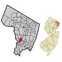 Map highlighting Lodi's location within Bergen County. Inset: Bergen County's location within New Jersey