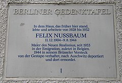 Felix Nussbaumin muistolaatta hänen kotitalonsa seinässä Berliinissä