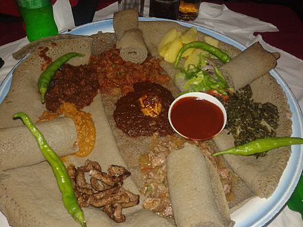 Enjera is eaten in Asmara with many side dishes