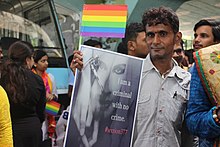 Participant carrying a poster against Section 377 during Bhubaneswar Pride Parade, India Bhubaneswar Pride Parade 2018 02.jpg