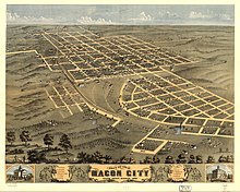 Bird's-eye view of Macon in 1869 Bird's eye view of Macon City, Macon County, Missouri 1869. LOC 73693483.jpg