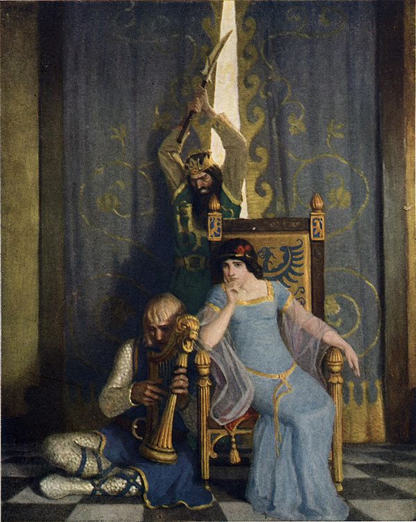 1922 illustration by N. C. Wyeth: "King Mark slew the noble knight Sir Tristram as he sat harping before his lady la Belle Isolde."