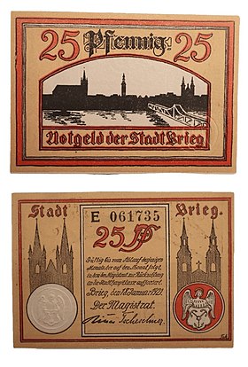 Brzeg interwar period 25 pfennig notgeld dated 18 January 1921 depicting the panorama of the historic centre (top) and St. Nicholas' Church and Holy Cross Church (bottom)