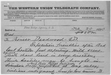 In this Western Union telegram sent on December 20, 1890, after killing Sitting Bull, authorities describe a "wild scene" and "squaws death chant heard in every direction." Brooke Reports "wild scene" and Chaotic Conditions - NARA - 285042.tif