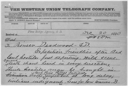 "Wild scene", "Squaws death chant heard in every direction," telegram sent after killing of Sitting Bull