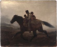 Eastman Johnson, A Ride for Liberty - The Fugitive Slaves, oil on paperboard, 22 x 26.25 inches, c. 1862, Brooklyn Museum. Depicts a family of African Americans fleeing enslavement in the Southern United States during the American Civil War Brooklyn Museum - A Ride for Liberty -- The Fugitive Slaves - Eastman Johnson - overall.jpg