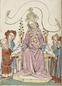 Charlemagne depicted in a 15th-century manuscript of the Schwabenspiegel Bruxellensis-14689-91-f95v.png