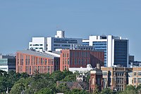 The skyline of a medical campus with mid-rise buildings