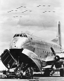 Group F-84G Thunderjets arrive at a Japan Air Defense Force base in northern Japan after completing a trans-Pacific flight. C-124 Globemaster II.jpg