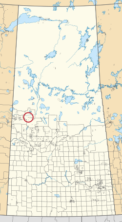 Eine Karte der Provinz Saskatchewan mit 297 ländlichen Gemeinden und Hunderten kleiner Indianerreservate. Einer ist mit einem roten Kreis hervorgehoben.