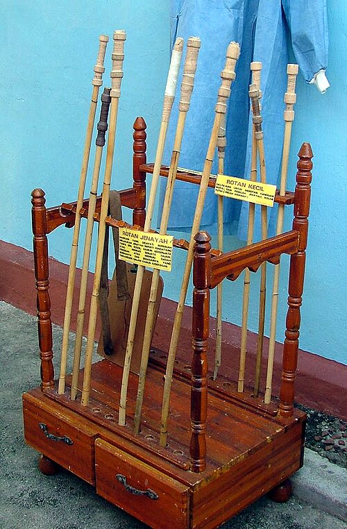 A display of rattan judicial canes from the Johor Bahru Prison museum, Malaysia