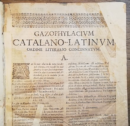 Catalan-Latin dictionary from the year 1696 with more than 1000 pages. Gazophylacium Dictionary.