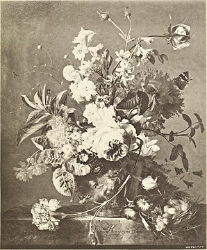 A Bouquet label QS:Len,"A Bouquet" label QS:Lpl,"Bukiet" 1697-1749. oil on canvas medium QS:P186,Q296955;P186,Q12321255,P518,Q861259 . 48.3 × 40.6 cm (19 × 15.9 in). London, Christie, Manson & Woods (29 April 1899)