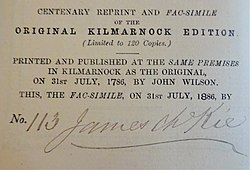 Centenary Facsimile with Jamies McKie's signature in a limited edition of 120 copies. Centenary reprint and facsimile of the 'Kilmarnock Edition' 1886.jpg