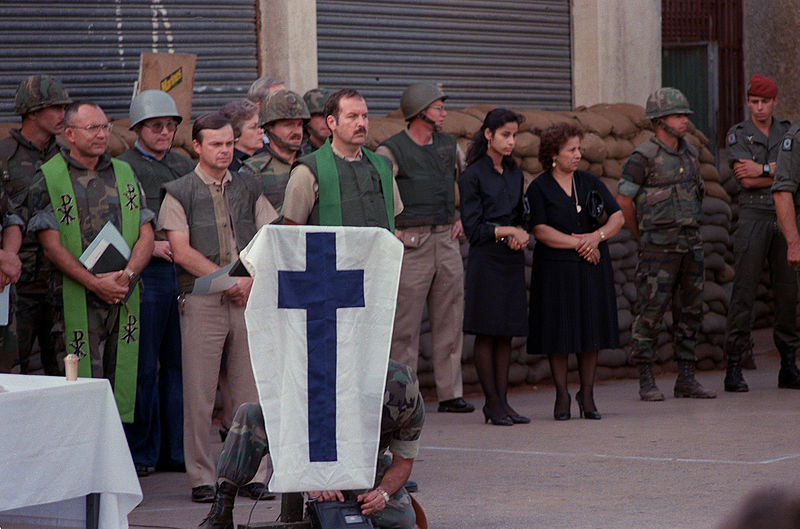 File:Chaplains, U.S. Marines and family members observe a moment of silence at memorial services for the 241 Marines killed during the terrorist bombing of the barracks at Beirut International Airport DM-SC-87-12363.jpg