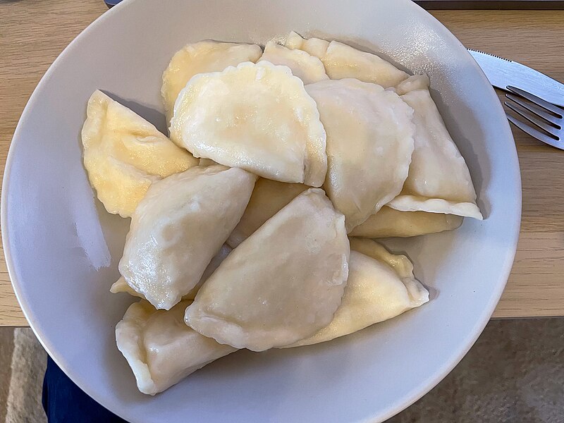 File:Cheese, potato, and onion pierogi.jpg