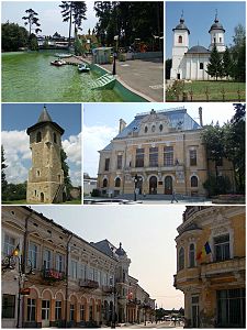 Clockwise: city park; Furriers' Church (1834); the Old Prefecture (1906-1914), today County Museum; Old City street; bell tower of Popăuți Monastery (1496).
