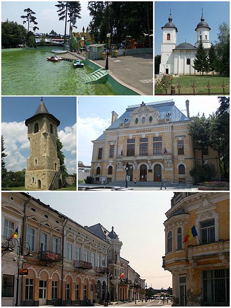 Clockwise: city park; Furriers' Church (1834); the Old Prefecture (1906-1914), today County Museum; Old City street; bell tower of Popăuți Monastery (