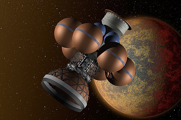 Artist's conception of British Interplanetary Society's Project Daedalus (1978), a fusion powered interstellar probe