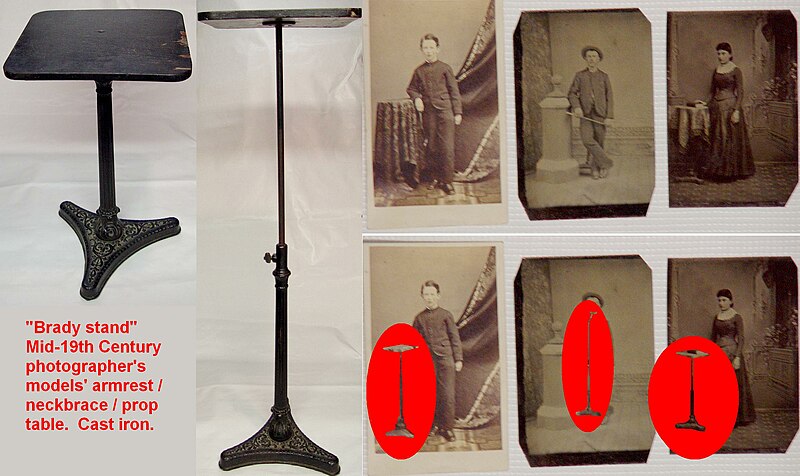 Ficheiro:Daguerreotype tintype photographer model studio table brady stand cast iron portrait photos.jpg