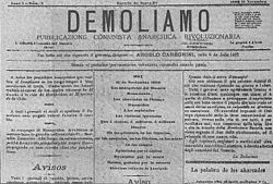 Portada de Demoliamo, periódico italo-argentino editado en Rosario desde el 10 de noviembre de 1892