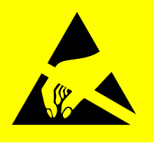 Warning label for an electrostatic sensitive device, denoting the devices susceptibility to damage. A similar symbol without the bar and with a black "dome" denotes ESD-safe equipment. ESD (Susceptible).svg