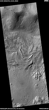 Flow ridges, as seen by HiRISE under the HiWish program. Ridges probably formed at the end of old glacier.