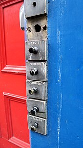 Old door bell pull knobs in Edinburgh, United Kingdom. It is unclear whether bells were rung by wire and pulleys, or by electrical connection. EdinburghDoorBellKnobs.jpg