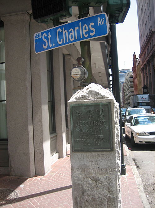 1917 Obelisk marking southern end of Jefferson Highway, on the corner of St. Charles & Common Streets in the New Orleans Central Business District