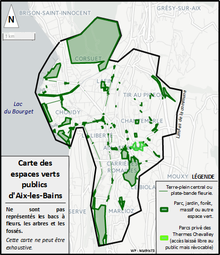 Plan d'une ville marqué de taches vertes indiquant l'emplacement des espaces verts.