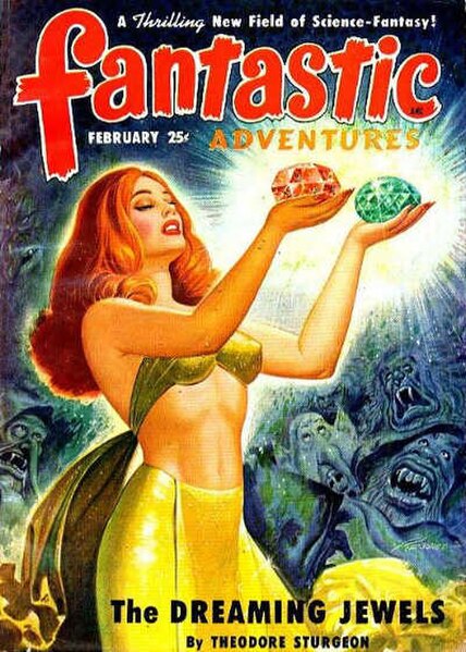 An early version of Sturgeon's first novel, The Dreaming Jewels, was the cover story in the February 1950 issue of Fantastic Adventures